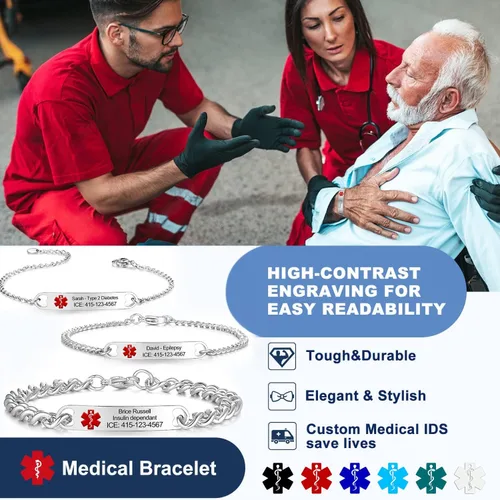 Miniatura 5 de Kurafeel Pulseras de alerta médica personalizadas para mujeres, hombres y niños, cadena cubana grande de 0.315in, pulseras de identificación médica