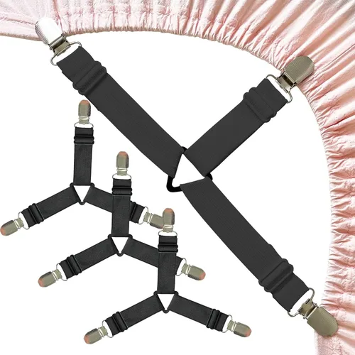 Correas de sábanas, soportes de sábanas ajustables mejorados para esquinas, clips antideslizantes para sábanas, color negro, 4 piezas