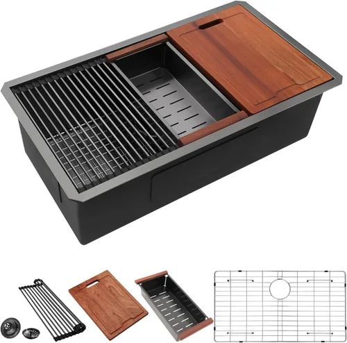 Miniatura 12 de Lordear Fregadero de cocina de montaje inferior de 23 pulgadas, estación de trabajo, fregadero de cocina de acero inoxidable calibre 16, cuenco