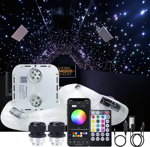 AKEPO Kit de luces de fibra óptica de doble cabeza RGBW de 32 W, parpadeo+sonido activado+aplicación, luz de cielo de techo estrella, 16.4 pies/16.4