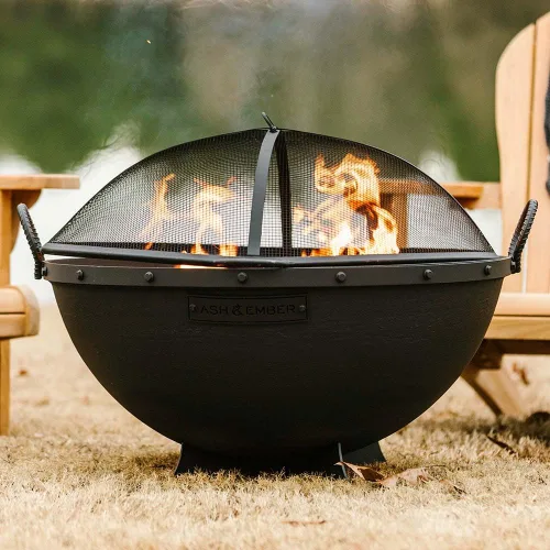 Miniatura 7 de Ash & Ember - Hoguera hemisferio de 32 pulgadas con pantalla y póster, cuenco de fuego de pintura negra de alta temperatura de hierro fundido