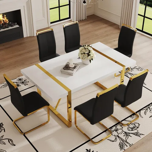 Miniatura 25 de Mesa de comedor Ebullient para 4, mesa de comedor rectangular negra de MDF, tapa de mesa de cena de mármol falso, mesa de comedor moderna con marco