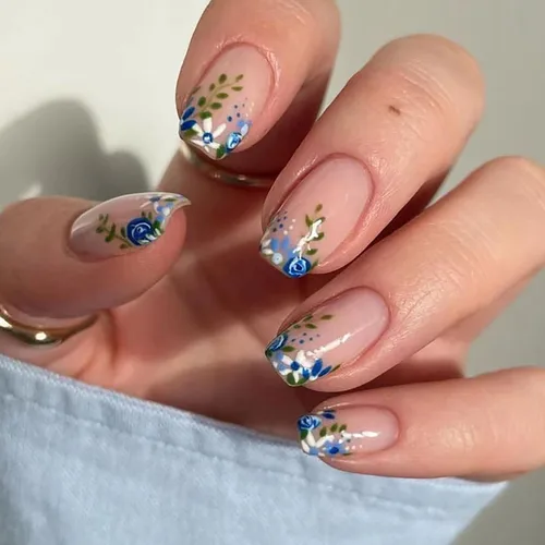 Miniatura 11 de Uñas postizas ovaladas a presión con puntas francesas, juego de uñas postizas cortas de flores artificiales, uñas postizas acrílicas con diseños