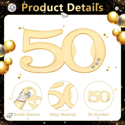 Miniatura 3 de 24 piezas de recuerdos de fiesta de 50 cumpleaños, abrebotellas con forma de 50 años, regalos de boda dorados para invitados, decoraciones de fiesta