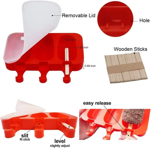 Miniatura 2 de Moldes caseros de silicona para paletas con tapa, sin BPA, moldes para paletas de hielo con 3 cavidades, para hacer pasteles, helados y paletas