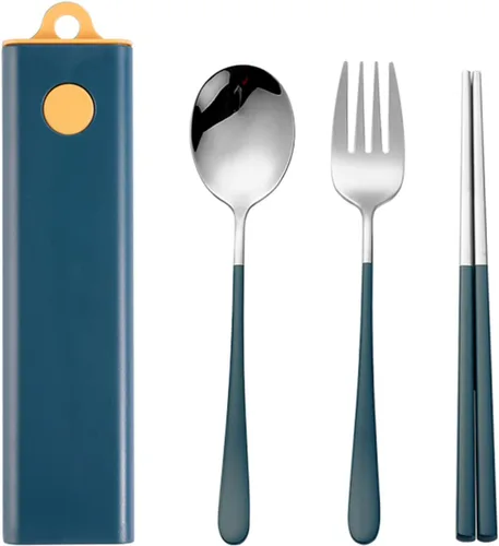 Muka Juego de 3 cubiertos portátiles de acero inoxidable, utensilios para viajes/campamentos/trabajo, color azul