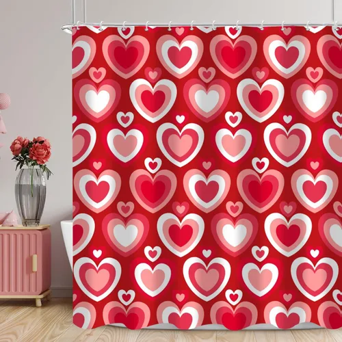Cortina de ducha para el día de San Valentín, diseño de corazones amorosos rojos, diseño romántico de San Valentín, años 60, 70, retro, impermeable,