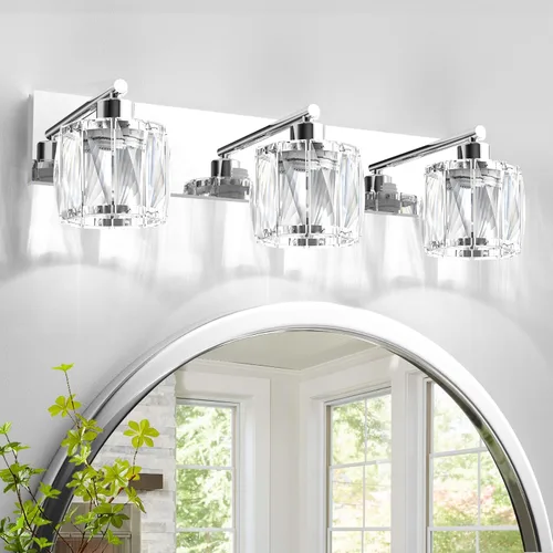 Miniatura 27 de VOLISUN Luces de tocador de cristal – 4 luces modernas de acero inoxidable para baño sobre espejo, acabado cromado – Certificado UL