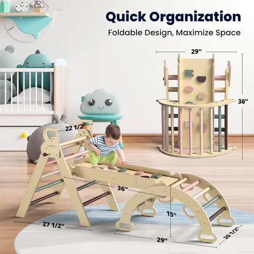 Miniatura 5 de BlueWood Juego de triángulo Pikler, conjunto plegable de 7 en 1 de madera para escaladores de niños pequeños, patio de juegos interior, gimnasio