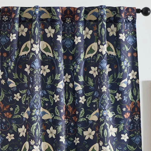 Miniatura 11 de HLC.ME Florence - Cortinas con estampado floral y de pájaros, con pestaña trasera y bolsillo para barra, cortinas para oscurecer el dormitorio