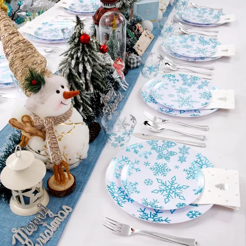 Miniatura 3 de WDF Juego de 175 piezas de platos y servilletas navideños desechables para 25 invitados, platos blancos y azules con cubiertos, vasos con copos