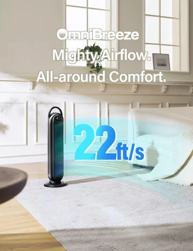 Miniatura 4 de OmniBreeze Ventilador de torre eléctrico manual, de 28 pulgadas, 3 velocidades con oscilación, control mecánico, ventiladores de piso sin aspas