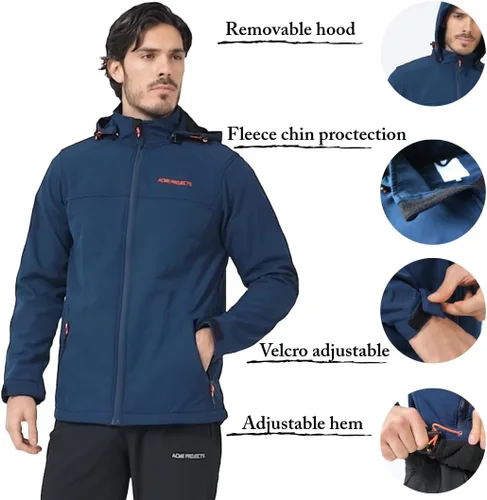 Miniatura 3 de Acmelogy Chaqueta Softshell con forro polar para hombre con capucha desmontable, impermeable, transpirable, 314.961 in5000gm, cremallera YKK