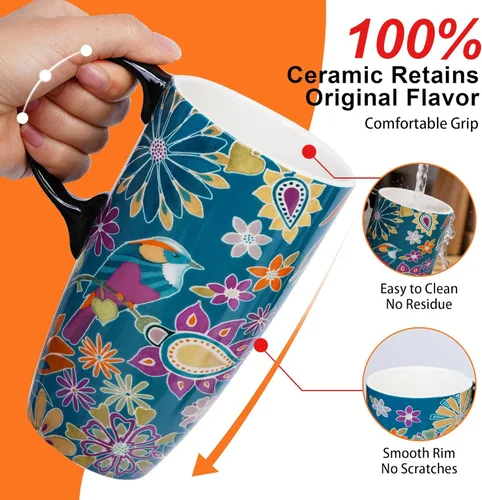 Miniatura 7 de Topadorn Taza de cerámica para café, taza de té de porcelana con tapa, 17 oz, sinfonía floral, pájaro verde