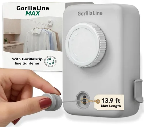 Miniatura 11 de GorillaLine Tendedero retráctil, para interiores y exteriores, línea de ropa resistente montada en la pared, estante de secado que ahorra espacio
