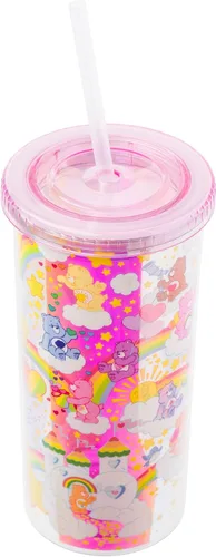 Miniatura 2 de Silver Buffalo Care Bears - Vaso alto de plástico iridiscente con diseño de estrellas arcoíris con tapa y pajilla, 20 onzas Care Bears iridiscentes