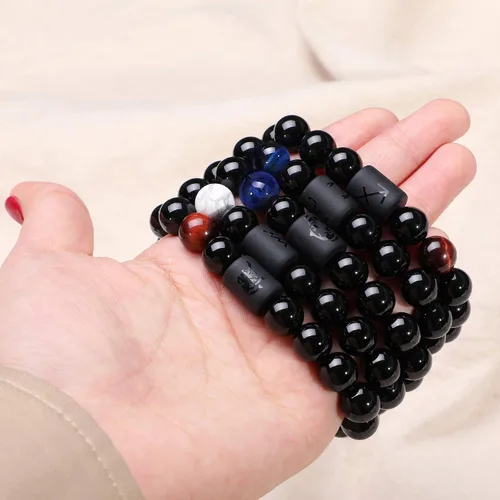 Miniatura 5 de Jade cabbage Pulsera del zodiaco para pareja de 0.315in 0.394in, pulsera de cuentas de piedra de ónix negro natural para hombres y mujeres, signo
