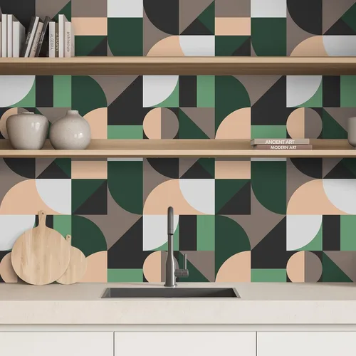 Miniatura 7 de VEELIKE Papel tapiz geométrico abstracto verde y negro geométrico para despegar y pegar, 17.7 x 118 pulgadas, papel tapiz de vinilo autoadhesivo