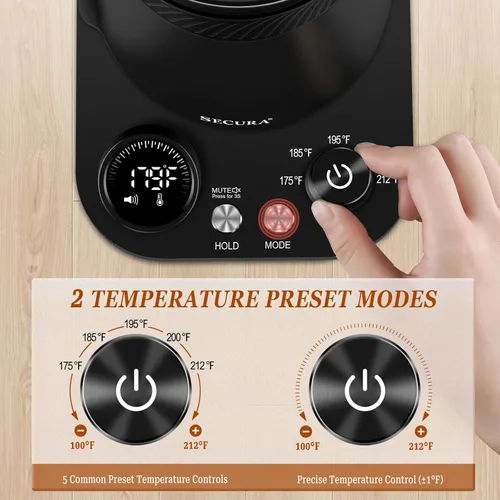 Miniatura 4 de Secura Hervidor eléctrico de cuello de cisne con 5 ajustes preestablecidos de control de temperatura, tetera interior de acero 100% inoxidable