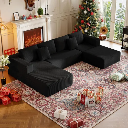 Sofá modular sin hueso de 134.6 pulgadas para sala de estar, sofá modular de pana en forma de U con diván y almohadas, sofá seccional de 4 asientos