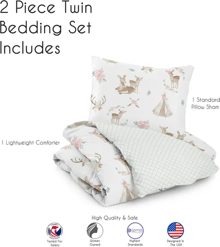Miniatura 5 de Sweet Jojo Designs Juego de edredón individual de 2 piezas (flores de ciervos del bosque) para niñas, niños, ropa de cama para niños, cama en una