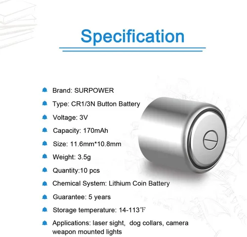 Miniatura 4 de SURPOWER CR1/3N 3V Batería de litio, paquete de 10 unidades 【5 años de garantía】