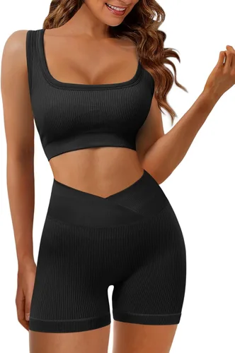 Miniatura 3 de JZC Conjuntos de entrenamiento para mujer, 2 piezas, acanalados, sin costuras, pantalones cortos de cintura alta, trajes de yoga