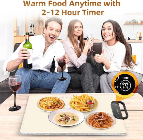 Miniatura 8 de Tapete de calentamiento de alimentos – Bandeja de calentamiento eléctrico de calentamiento rápido con 7 ajustes de temperatura, temporizador de 11