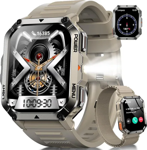 Miniatura 9 de Relojes inteligentes militares para hombres, reloj inteligente para Android iPhone con gran pantalla HD de 2.01 pulgadas, linterna, batería de 100