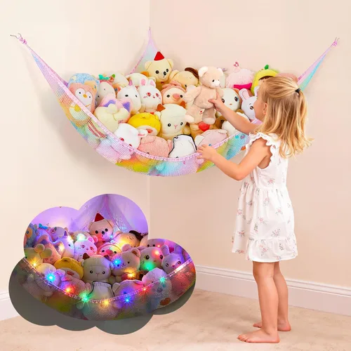 Miniatura 17 de Basumee Hamaca de animales de peluche con luz LED, organizador de red de juguetes de peluche, organizador de esquina para almacenamiento de animales