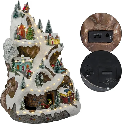 Miniatura 12 de Alpine Corporation Juego animado de invierno de 18 pulgadas de alto con 75 luces LED, música, tren móvil, decoración navideña de mesa Pueblo