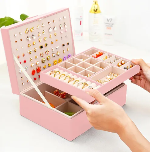 Miniatura 142 de Joyero de pendientes para mujeres y niñas, organizador de aretes de 5 capas, caja organizadora de joyas blanca con candado, collares y aretes