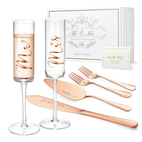 Juego de cuchillo y servidor para tarta de boda ROXBURGH, flautas de champán para novia y novio con texto "Mr and Mrs" y tenedores con caja para