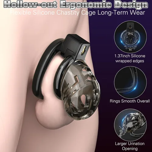 Miniatura 4 de Dispositivo de jaula de castidad masculina, jaula de silicona suave con 6 anillos de tamaño, correas ajustables, bloqueo de pene ligero, control