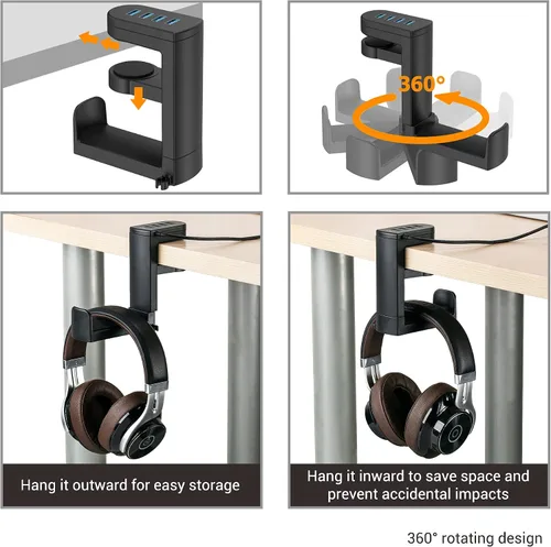 Miniatura 3 de KIWIFOTOS Soporte para auriculares con 4 puertos USB, soporte para auriculares para juegos de PC, abrazadera de rotación de 360 grados, soporte
