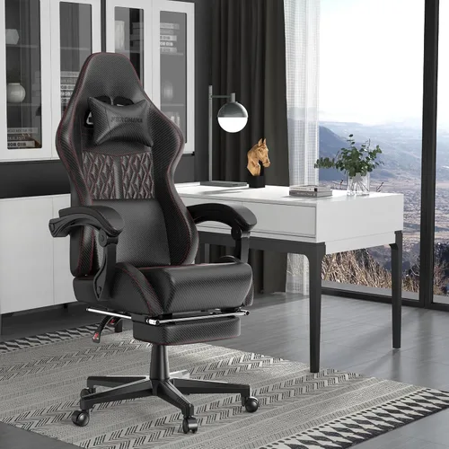 Miniatura 2 de Ferghana Silla vintage de piel sintética para videojuegos, silla de jugador con respaldo alto con masaje, silla ergonómica de oficina para Negro