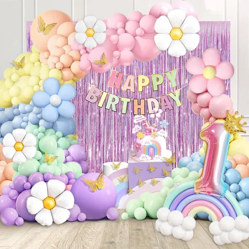 Miniatura 8 de Kit de guirnalda de globos pastel, 219 piezas, diferentes tamaños de 18, 10, 5 pulgadas, globos de arcoíris pastel y margaritas para el primer
