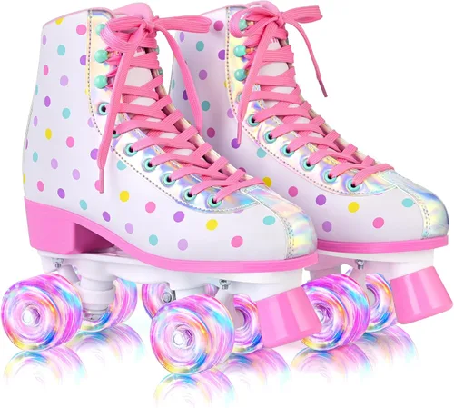 Miniatura 9 de SULIFEEL Patines de ruedas para niñas y mujeres con ruedas iluminadas y patrón de lunares, patines para niños y adultos para uso en interiores y al