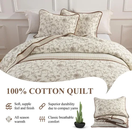 Miniatura 6 de DDUOXIN Edredón 100 % algodón, tamaño Queen, moderno, botánico, con 2 fundas de almohada, colcha con estampado floral a rayas, juego de ropa de cama