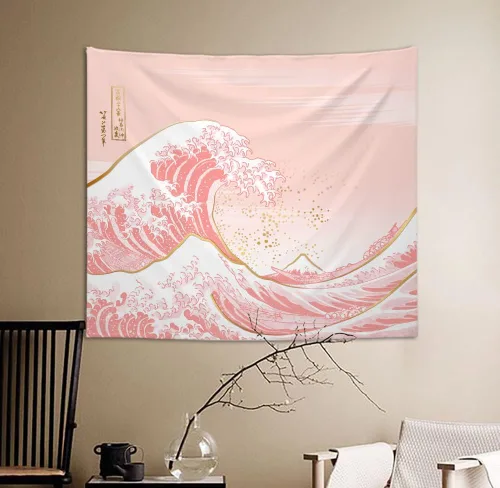 Miniatura 2 de Ovenbird Tapiz de olas rosa pastel y dorado, tapiz japonés para estética de dormitorio, para colgar en la pared, 59 x 51 pulgadas