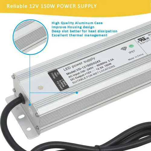 Miniatura 4 de Fuente de alimentación LED de 150 W 12 V Convertidor de CA a CC - Transformador IP67 impermeable con enchufe de 3 puntas, adaptador de corriente