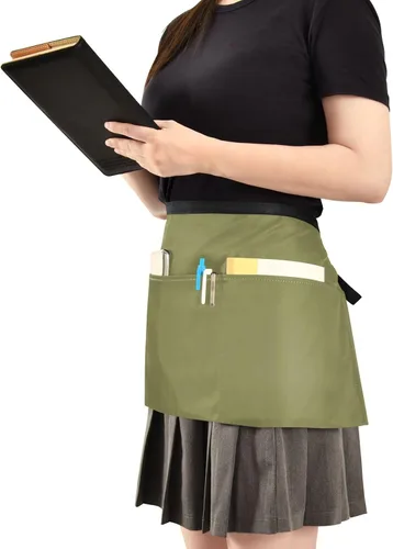 Miniatura 8 de DOMIKING Delantales de camarera con 3 bolsillos para camarera, delantal de chef corto para mujeres y hombres