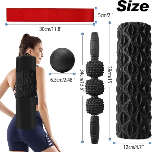 Miniatura 6 de JOYENERGY Juego de rodillos de espuma 5 en 1, rodillo de espuma de punto gatillo, barra de masaje, bola de masaje, correa de estiramiento para Negro