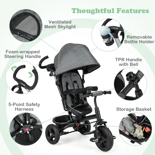 Miniatura 7 de HONEY JOY Triciclo, cochecito 6 en 1 para niños con asa de empuje ajustable y toldo, asiento reversible, cinturón de seguridad, pedal plegable, Gris
