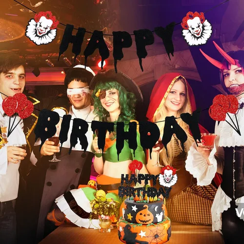 Miniatura 2 de Cartel de cumpleaños de terror de Halloween Pennywise Cartel de feliz cumpleaños de Halloween de película de terror sangrienta pancarta