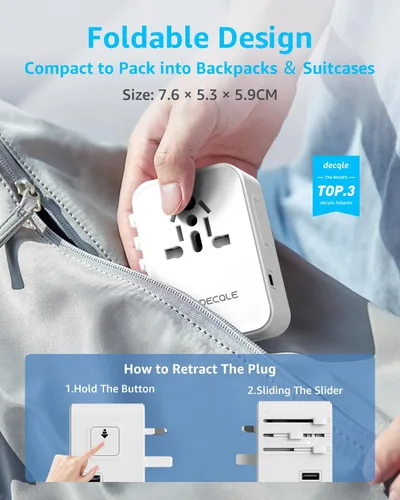 Miniatura 7 de Adaptador de viaje universal, adaptador de enchufe de viaje internacional con 3 puertos USB-C y 2 puertos USB-A (total 30 W), adaptador portátil