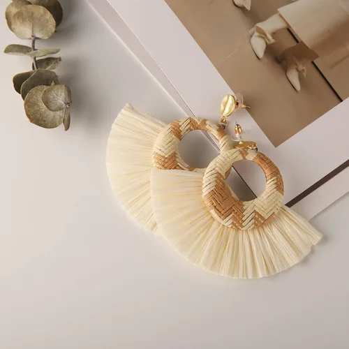 Miniatura 5 de STWTR Pendientes de rafia grandes, ligeros, geométricos, con flecos, trenzados, bohemios, hechos a mano, paja, trenzados, de mimbre, para mujeres