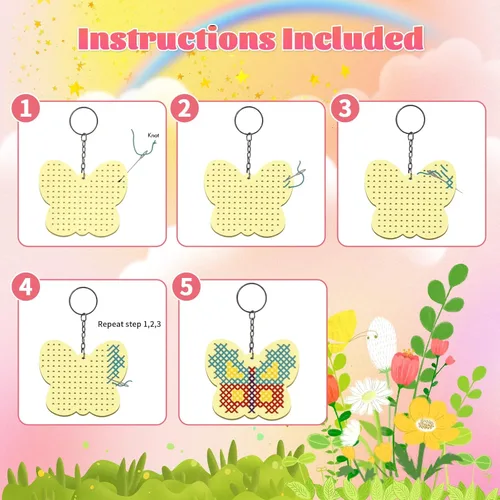 Miniatura 3 de VKPI Kits de punto de cruz de madera para niños, haz tus propios 6 llaveros de punto de cruz, kit de costura de madera, mariposas y manualidades