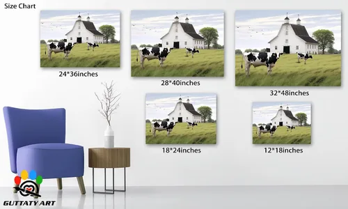 Miniatura 4 de Arte de pared con estampado de granero blanco de granja, granero y vaca, arte de pared con imágenes de granero blanco, cuadros rústicos de campo