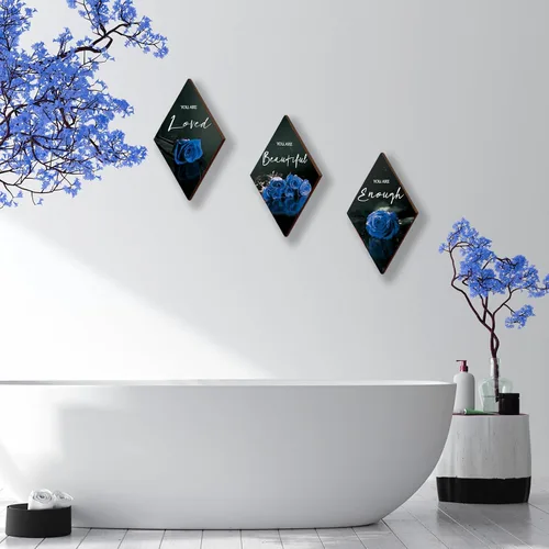 Miniatura 5 de ONIZHITY 3 piezas de decoración de pared azul de madera rosa decoración de baño citas positivas You Are Beautiful decoración azul y negro decoración